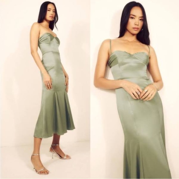 ✨ NWT Reformation Hensley Satin Dress – Artichoke Green, Size 8 - Picture 9 of 9